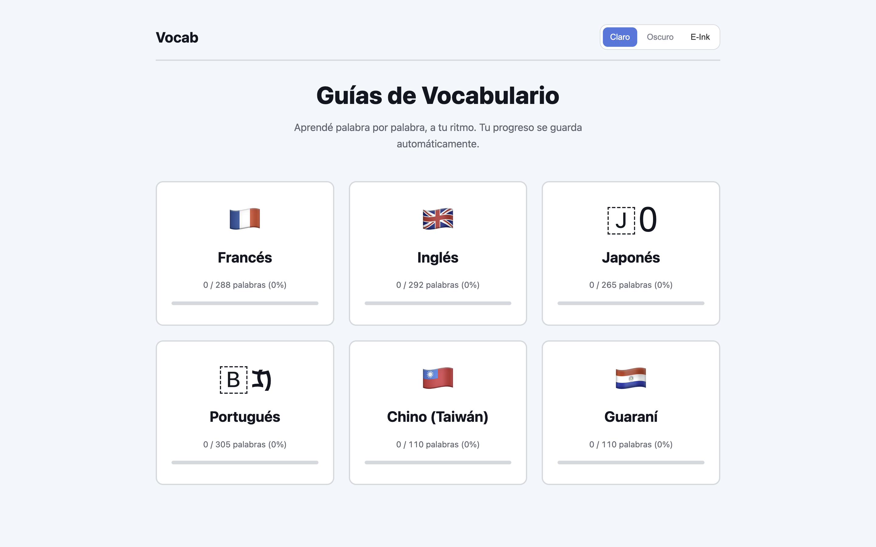 Portada de Vocab: guías de vocabulario por idioma, con progreso